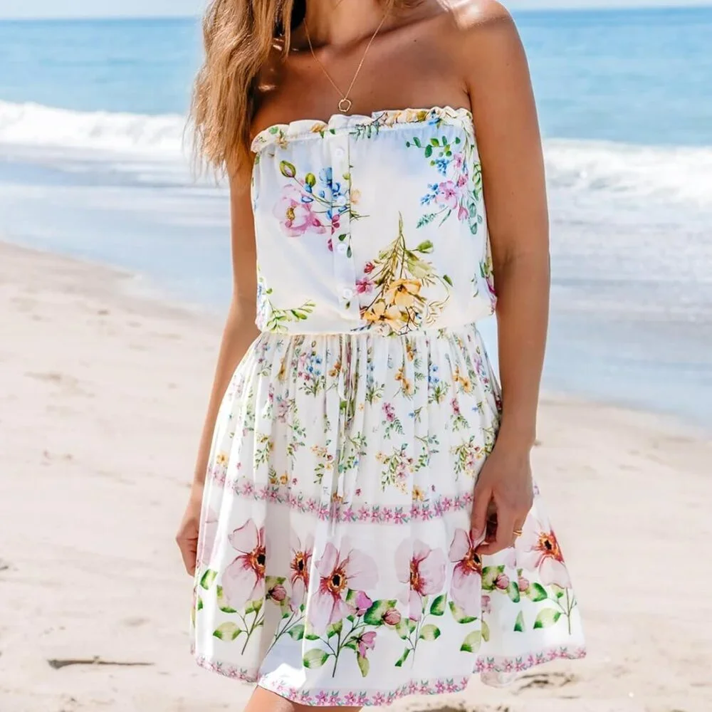 Women's Mini Dress Women's Rayon Summer Sleeveless Floral Ruffled Beach - Picture 3 of 7